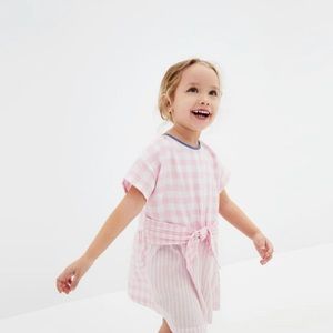 Zara pink plaid front tie dress  EUC 9-12 months